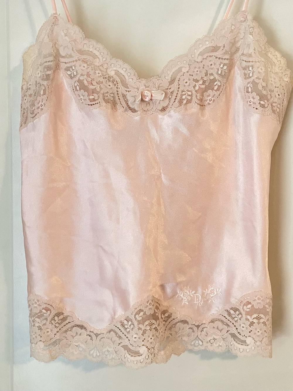 VTG Dior Satin Lace Trim Spaghetti Strap Cami - Blush Pink Sz XS - Picture 4 of 6